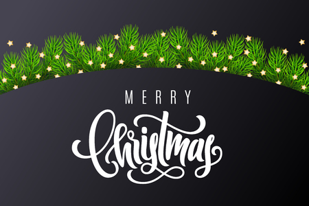 Holiday gift card with hand lettering Merry Christmas and fir tree branches. Template for a banner, poster, invitation. Vector illustration for your designのイラスト素材