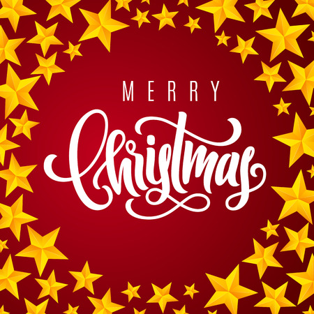 Holiday gift card with hand lettering Merry Christmas on red background. Template for a banner, poster, invitation. Vector illustration for your designのイラスト素材