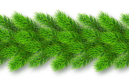 Seamless realistic Christmas garland from fir tree branches with shadow. Vector illustration for your designのイラスト素材