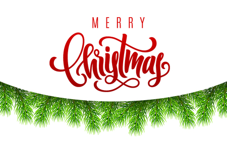 Holiday gift card with hand lettering Merry Christmas and fir tree branches. Template for a banner, poster, invitation. Vector illustration for your designのイラスト素材