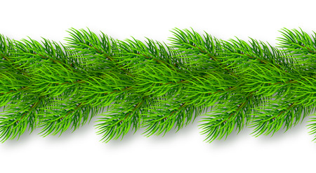 Seamless realistic Christmas garland from fir tree branches with shadow. Vector illustration for your designのイラスト素材