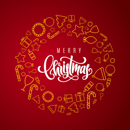 Holiday gift card with hand lettering Merry Christmas on red background. Template for a banner, poster, invitation. Vector illustration for your designのイラスト素材