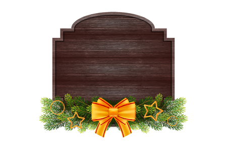 Christmas gift card with wood backround; fir garland and bow. Holiday template for a business card, banner, poster, notebook, invitation with copy space. Vector illustration for your designのイラスト素材