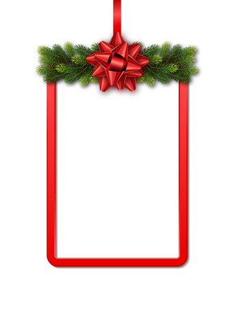Greeting card with red frame, fir garland and bow on white background. Christmas holiday template for a business card, banner, poster, notebook, invitation with copy space. Vector illustration for your designのイラスト素材