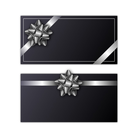 Set of holiday gift card with silver ribbon and bow on black background. Template for a business card, banner, poster, notebook, invitation. Vector illustration for your designのイラスト素材