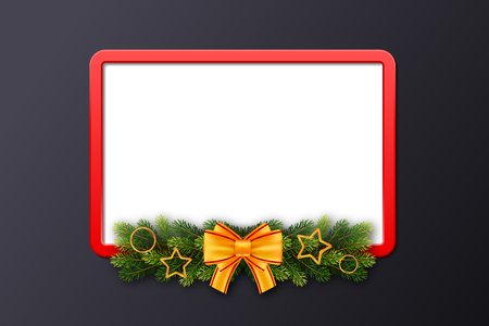 Greeting card with red frame, fir garland and bow on black background. Christmas holiday template for a business card, banner, poster, notebook, invitation with copy space. Vector illustration for your designのイラスト素材