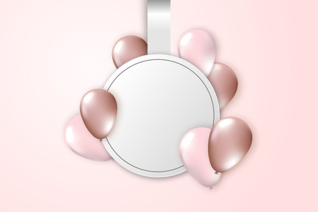 Elegant greeting card with realistic monochrome balloons and paper banner. Template for a banner, poster, notebook, invitation. Vector illustration for your designのイラスト素材