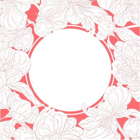 Elegant greeting card with plant in blossom, branch with flower ink sketch and copy space. Decorations for birthday, anniversary, celebration, wedding and event. Template for a banner, poster, notebook, invitation. Vector illustration for your designのイラスト素材