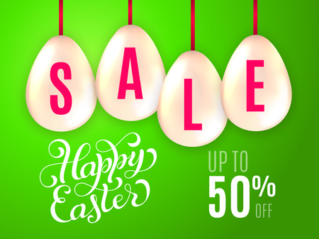 Happy Easter banner with eggs, ribbons and lettering on green background. Sale 50 percent off. Limited time only. Template for a banner, poster, shopping, discount, invitation. Vector illustration for your designのイラスト素材
