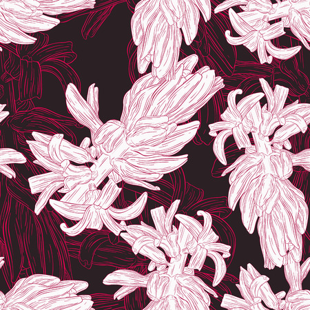Floral seamless pattern with hyacinth. Plant in blossom, branch with flower ink sketch. Vector illustration for your designのイラスト素材