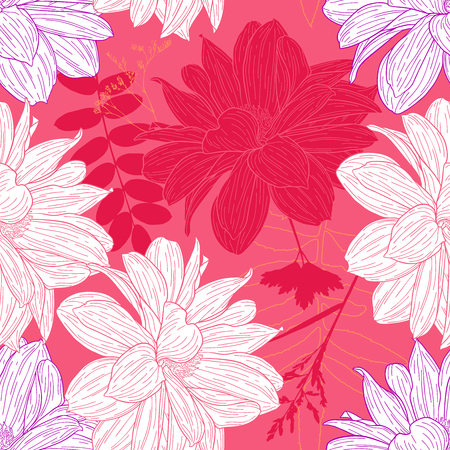 Floral seamless pattern. Plant in blossom, branch with flower ink sketch. Dahlia. Fashion floral print for a business card, banner, poster, wrapping, fabric, notebook, invitation. Vector illustration for your template designのイラスト素材