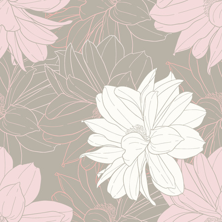 Floral seamless pattern. Plant in blossom, branch with flower ink sketch. Dahlia. Fashion floral print for a business card, banner, poster, wrapping, fabric, notebook, invitation. Vector illustration for your template designのイラスト素材