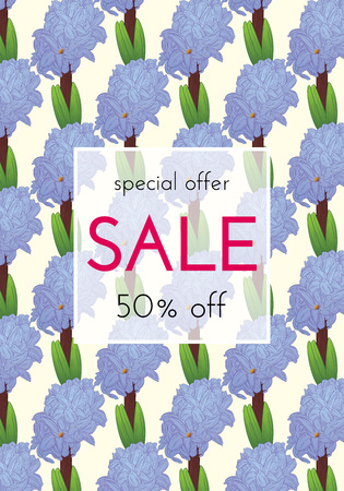 Sele floral cards. Plant in blossom, branch with flower ink sketch. Hyacinth. Fashion floral print for a banner, poster, shopping, discount, invitation. Vector illustration for your template designのイラスト素材