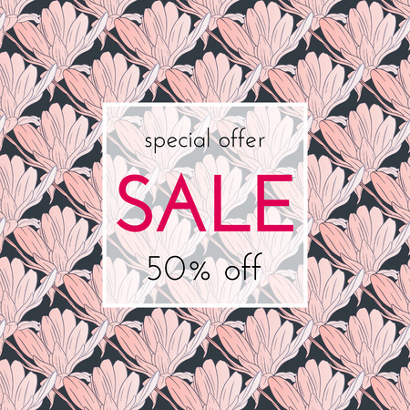 Sele floral cards. Plant in blossom, branch with flower ink sketch. Fashion print for a banner, shopping, discount, invitation. Vector illustration for your social media template designのイラスト素材