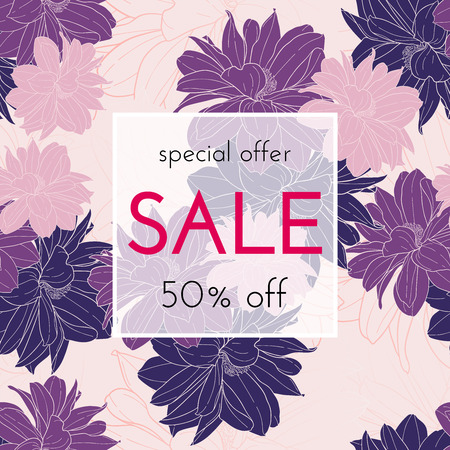 Sele floral cards. Plant in blossom, branch with flower ink sketch. Fashion print for a banner, shopping, discount, invitation. Vector illustration for your social media template designのイラスト素材