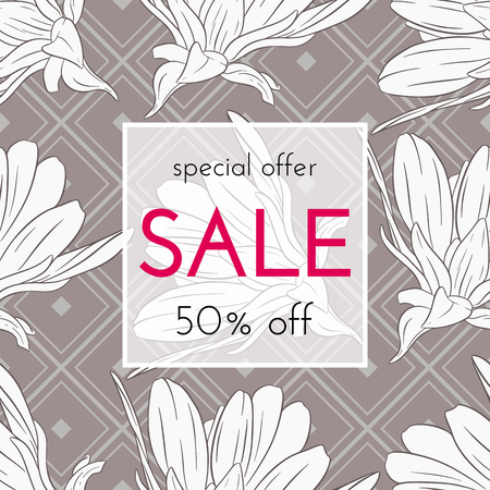 Sele floral cards. Plant in blossom, branch with flower ink sketch. Fashion print for a banner, shopping, discount, invitation. Vector illustration for your social media template designのイラスト素材