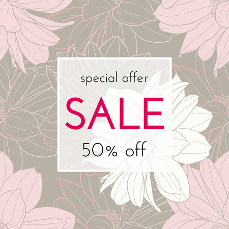 Sele floral cards. Plant in blossom, branch with flower ink sketch. Fashion print for a banner, shopping, discount, invitation. Vector illustration for your social media template designのイラスト素材