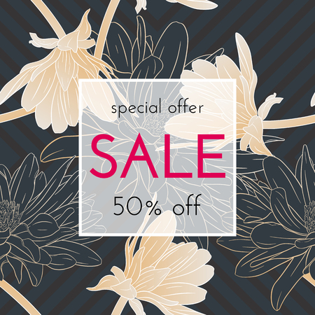 Sele floral cards. Plant in blossom, branch with flower ink sketch. Fashion print for a banner, shopping, discount, invitation. Vector illustration for your social media template designのイラスト素材