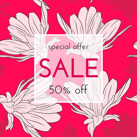 Sele floral cards. Plant in blossom, branch with flower ink sketch. Fashion print for a banner, shopping, discount, invitation. Vector illustration for your social media template designのイラスト素材