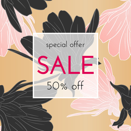 Sele floral cards. Plant in blossom, branch with flower ink sketch. Fashion print for a banner, shopping, discount, invitation. Vector illustration for your social media template designのイラスト素材