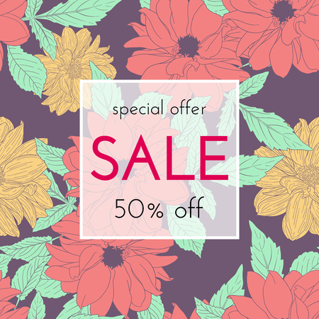 Sele floral cards. Plant in blossom, branch with flower ink sketch. Fashion print for a banner, shopping, discount, invitation. Vector illustration for your social media template designのイラスト素材