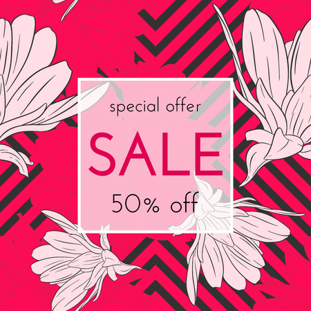 Sele floral cards. Plant in blossom, branch with flower ink sketch. Fashion print for a banner, shopping, discount, invitation. Vector illustration for your social media template designのイラスト素材