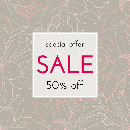 Sele floral cards. Plant in blossom, branch with flower ink sketch. Fashion print for a banner, shopping, discount, invitation. Vector illustration for your social media template designのイラスト素材