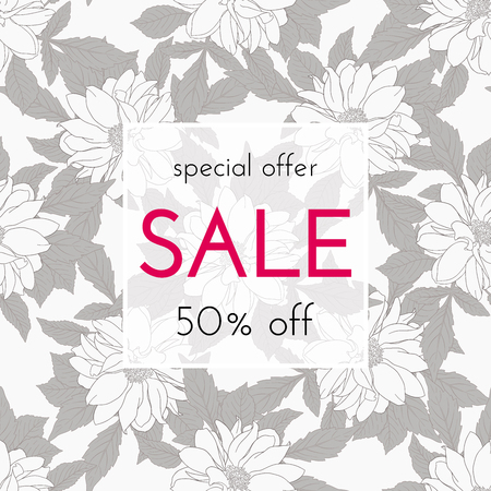 Sele floral cards. Plant in blossom, branch with flower ink sketch. Fashion print for a banner, shopping, discount, invitation. Vector illustration for your social media template designのイラスト素材