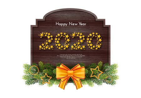 Holiday New Year 2020 gift card with numbers of golden stars, fir garland and bow on dark wood background. Template for a banner, poster, invitation. Vector illustration for your designのイラスト素材
