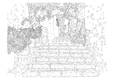 City sketching. Line art silhouette. Sketch style vector illustration. Travel card. Tourism concept. France, Saint-Paul-de-Vence. Isolated.のイラスト素材