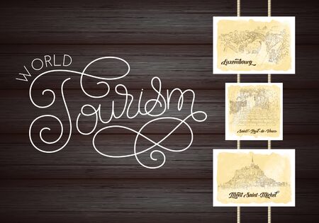 City sketching. Line art silhouette. Travel cards on wood background. World tourism lettering. Luxembourg. France, Saint-Paul-de-Vence, Mont Saint-Michel. Sketch style vector illustration.のイラスト素材