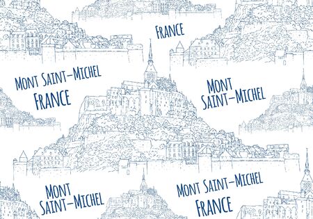 City sketching. Seamless pattern. Line art silhouette. Travel card. Tourism concept. France, Mont Saint-Michel. Vector illustration.のイラスト素材