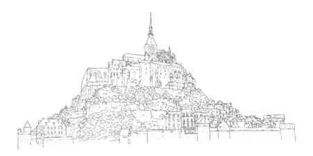 City sketching. Line art silhouette. Travel card. Tourism concept. France, Mont Saint-Michel. Isolated. Vector illustration.のイラスト素材