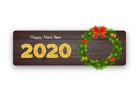 Holiday gift card Happy New Year. Golden numbers 2020, fir tree branches wreath and red tied bow on wood background. Celebration decor. Vector posterのイラスト素材