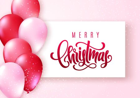 Merry Christmas lettering. Elegant greeting card with realistic glossy flying balloons and sparkling confetti on lighten pink pastel background. Vector illustration for your designのイラスト素材