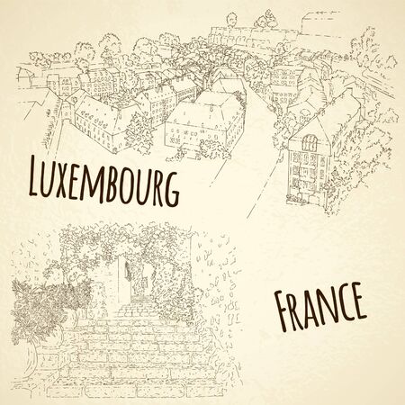 Set of city sketching. Line art silhouette. Travel card. Tourism concept. France, Saint-Paul-de-Vence. Luxembourg. Vector illustration.のイラスト素材