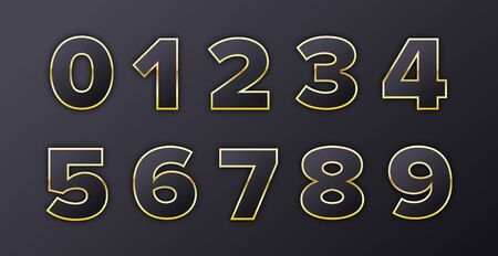 Golden metallic numbers in royal style with shadow on black background for invitation card and sale banner. Holiday decoration. Vector isolated template.のイラスト素材