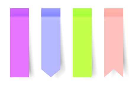 Set of realistic vertical colored paper stickers with a peel off corner isolated on white. Blank templates of a price tags. Empty mockup for a memo and notice. Transparent shadows. Vector illustration for your designのイラスト素材