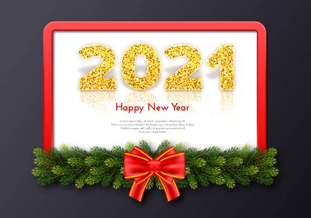 Golden numbers 2021 with reflection and shadow. Holiday gift frame Happy New Year with fir tree branches garland and bow. Celebration decor. Vector template illustration.のイラスト素材