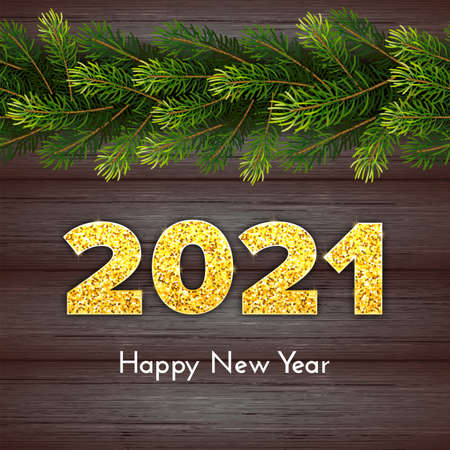 Holiday gift card Happy New Year with fir tree branches garland. Golden numbers 2021 with shadow on wood background. Celebration decor. Vector template illustrationのイラスト素材