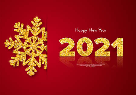 Golden numbers 2021 with reflection and shadow on red background. Holiday gift card Happy New Year with gold shiny snowflake. Celebration decor. Vector template illustrationのイラスト素材