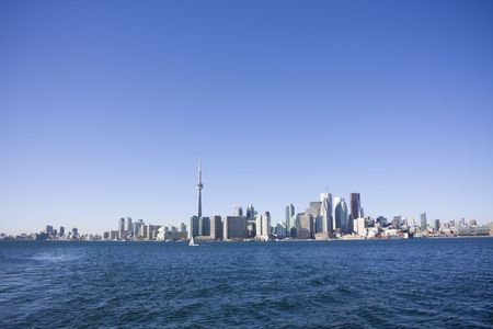 View of toronto from toronto island with docks in the foregroundの写真素材