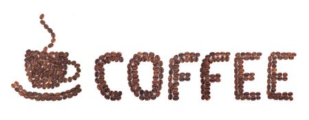 Coffee word made of beans on white backgroundの写真素材