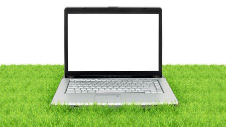 Open laptop showing keyboard and screen  isolated on white backgroundの写真素材