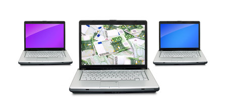 Open laptop showing keyboard and screen  isolated on white backgroundの写真素材