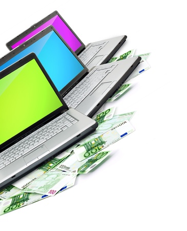 Open laptop with money  isolated on white backgroundの写真素材