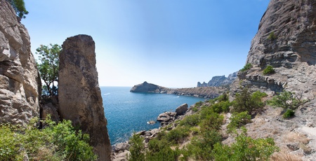 Summer view seacoast. Warm sea and beautiful nature. Sudak beach. Black Sea, Ukraineの写真素材