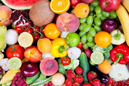 Huge group of fresh vegetables and fruits isolated on a white background. Shot in a studioの写真素材