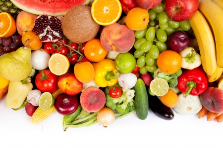 Huge group of fresh vegetables and fruits isolated on a white background. Shot in a studioの写真素材