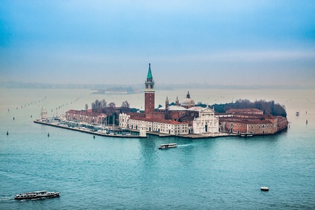 Venice from the air - San Giorgio Maggiore. -Venetian lagoon with ships and San Giorgio Maggiore aerial viewの写真素材